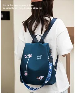 Detailed close-up of a blue Oxford backpack with floral embroidery worn by a model