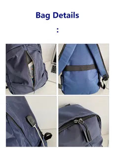 Vistas detalladas de la mochila azul marino con puerto de carga USB y cremalleras de metal