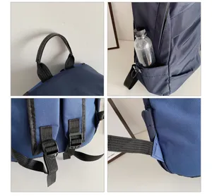 Vistas detalladas de la mochila azul marino con asa superior, bolsillo lateral y correas