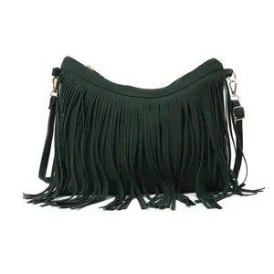 Bolso tipo cubo vintage verde bosque con flecos y elegantes detalles bohemios para mujer