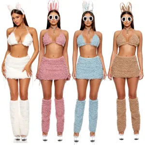 Sexy Bunny Girl Costume de Cosplay Femmes Peluche Haut de Bikini Halter Jupe Courte Jambières Bandeau Oreilles de Lapin Tenue de Fête