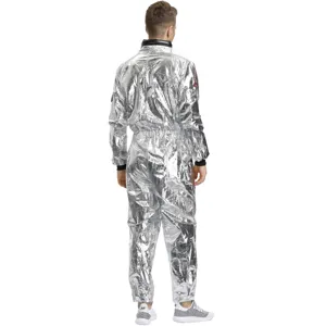 Silver metallic astronaut jumpsuit cosplay costume for men women halloween stage party.