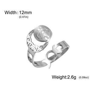 Detailed macro view of Triple Moon Goddess stainless steel adjustable ring with moon motifs