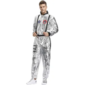 Silver men astronaut cosplay jumpsuit costume for Halloween party stage performance wear.