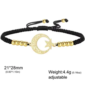 Pulsera de acero inoxidable tejida a mano con colgante de luna y estrella ajustable