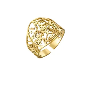Goldener Edelstahlring mit ausgehöhltem Pentagramm, Hexenknoten und keltischem Amulett