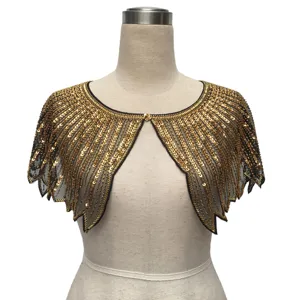 Elegant vintage gold sequin short cape for evening dress, shawl bolero wrap accessory