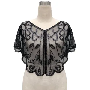 Vintage black mesh shawl with sequins and beads for evening party dresses