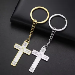 304 Stainless Steel Religious Cross Keychain Double Sided Etched French Inscriptions Pendant Metal Key Ring Gothic Punk Jewelry Car Bag Charm Gift