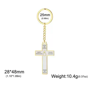 Gold stainless steel cross keychain with religious French etching 10.4g