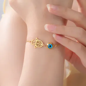 Stainless Steel Evil Eye Hamsa Hand Bracelet For Women 18K Gold Plated Turkish Nazar Amulet Jewelry Gift Fatima Hand Bracelet