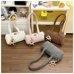 Sac à bandoulière cylindrique en velours côtelé style coréen avec motif étoiles et charme