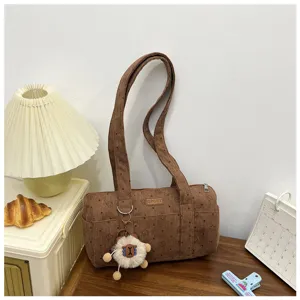 Sac à bandoulière en velours côtelé marron avec motif étoiles et porte-clé peluche mignon