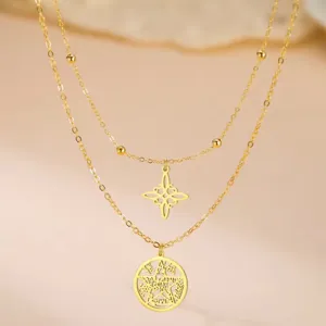 Detailed view of a gold double-layer necklace with Celtic witch's knot and pentagram charms.