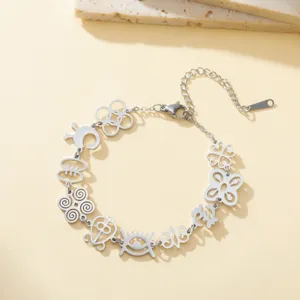 Detailed view of a silver stainless steel bracelet featuring intricate African symbol pendants