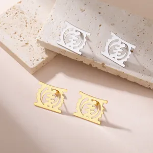 Detail view of African Adinkra Gye Nyame symbol stud earrings in 304 stainless steel