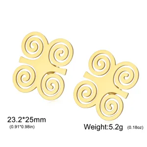 Detail view of golden Adinkra symbol stud earrings with dimensions and weight info