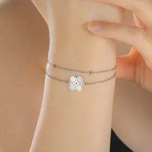 Detailed view of a stainless steel double-layered bracelet with an Adinkra symbol.
