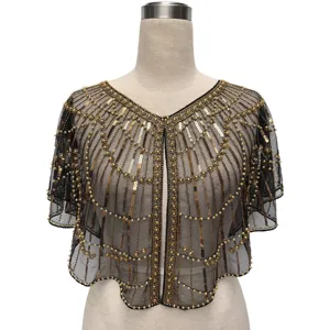 Elegant vintage gold sequined black mesh evening capelet bolero for formal dresses