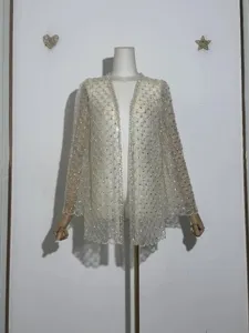 Luxury beaded lace cardigan with shimmering sequins and scalloped hem detail for women.