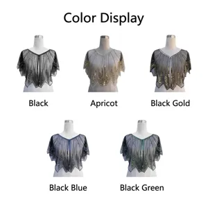 Detailed view of 1920s vintage sequined beaded shawls in five different elegant colors