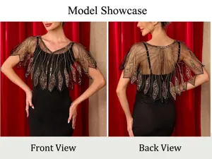 Front and back detail of 1920s vintage sequined beaded capelet bolero for evening gown