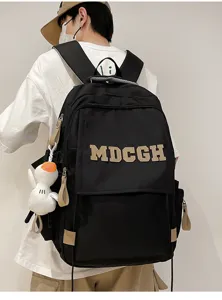 Sac à dos noir grande capacité pour étudiant avec rabat et décoration de mascotte