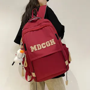 Sac à dos d'étudiant rouge grande capacité avec lettrage MDCGH et charm oiseau