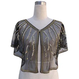 Women's 1920s Vintage Sequined Embroidered Shawl Gatsby Beaded Bolero Evening Cape For Wedding Party Mesh Bolero Top