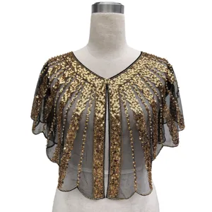 Front detail view of a vintage gold sequined short capelet for evening banquet dresses