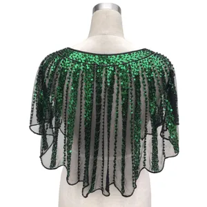 Close-up detail showing the intricate green sequined stripes on a black mesh evening shawl