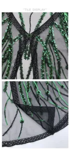 Detail view showing intricate green sequins and black beadwork on mesh vintage cape
