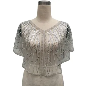 Elegant silver sequined beaded evening shawl capelet for vintage party dresses