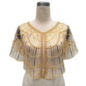 Vintage Evening Sequin Shawl Beaded Mesh Cape Bolero Retro Formal Wedding Party Dress Cover Up Women Glitter Wrap Top