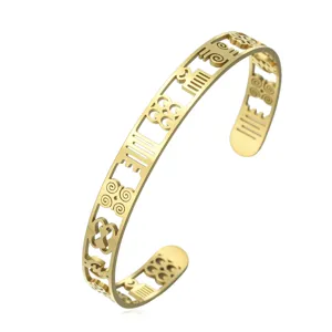African Adinkra symbol 8mm wide 18k gold plated stainless steel open cuff bracelet
