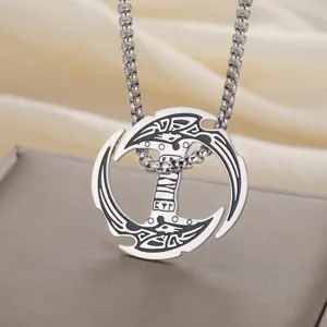 Collier pendentif Marteau de Thor Mjölnir Viking en acier inoxydable avec runes