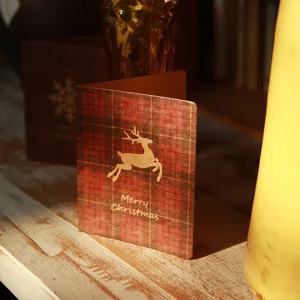 Vintage Plaid Kraft Paper Christmas Greeting Card And Envelope Reindeer Snowflake Tree Print Festival Blessing Card Collection