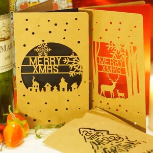 Retro Kraft Paper Laser Cut Christmas Greeting Cards Hollow Reindeer Snowflake Pattern For New Year Holiday Blessing Gift Cards