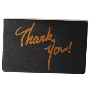 Elegant black thank you card with gold foil stamped handwriting font and envelope