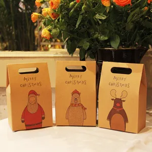 Boîte Cadeau de Noël en Papier Kraft Vintage Père Noël Cerf Ours Polaire Imprimé Boîte d'Emballage de Biscuits Avec Poignée