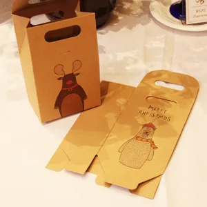 Boîte cadeau de Noël en papier kraft vintage avec illustrations de renne et d'ours.