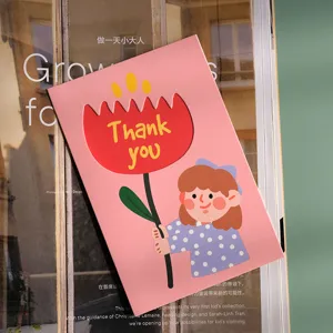 Cute pink floral thank you greeting card with lovely cartoon girl illustration design