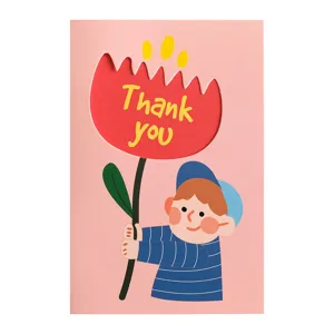 Premium Thank you greeting card featuring a cute cartoon boy holding a large red flower design