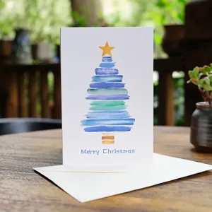 Watercolor Christmas tree greeting card with envelope for holiday wishes