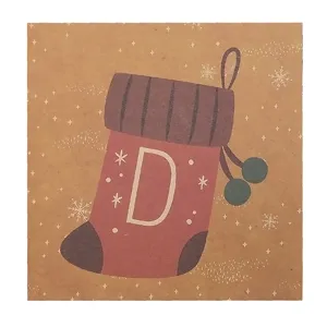 Biglietto di Natale quadrato in carta kraft con calza rossa e lettera D stampata