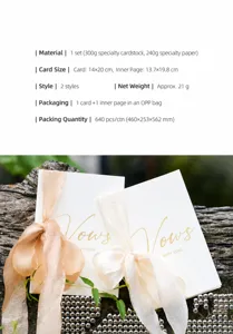 Elegant wedding vow cards with gold foil 'Vows' lettering and ribbon