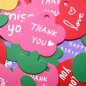 Colorful flower-shaped floral gift tags with Thank You and Happy Birthday printed messages.
