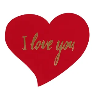 Red heart-shaped message card featuring elegant gold foiled I love you cursive text