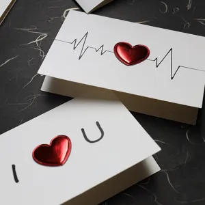 Handmade 3D Valentine's Day card featuring red leather heart and heartbeat line design