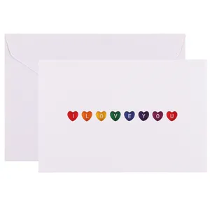 Minimalist white greeting card featuring colorful hollow heart designs with I LOVE YOU text